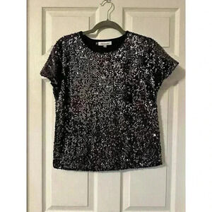 Jennifer Lopez Womens Top Small Purple Black Sequined Top Short Sleeves